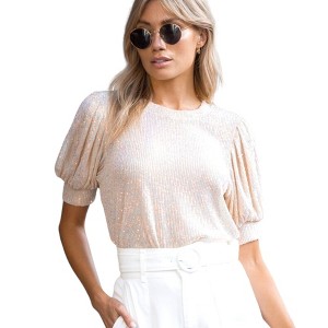 Amaryllis Women's Short-Sleeve Crew Neck Sequin Top Puff Sleeves Sparkling Detail - 1 of 4