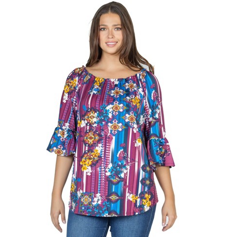 24seven Comfort Apparel Womens Stripped Floral Elastic Neckline loose Fit  Tunic Top-Purple Multi-S