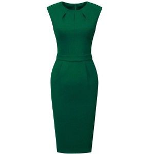 INSPIRE CHIC Women's Office Pleated Round Neck Work Sleeveless Sheath Pencil Dresses - 1 of 4