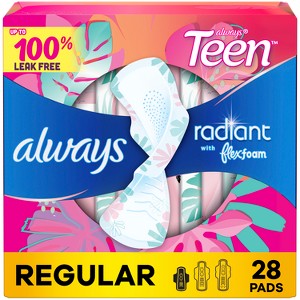 Always Radiant FlexFoam Teen Pads Regular Absorbency with Wings - Unscented - 28ct - 1 of 4
