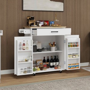 MAYEERTY White Rolling Kitchen Island Trolley, Rubber Wood Top 1 Drawer 2 Doors Adjustable Shelves - 1 of 4