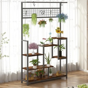 7-Tier Metal Plant Stand with Grow Lights and Hooks, Indoor Tall Plant Shelf Display Rack for Plants, Books, or Decor, Brown Finish - 1 of 4