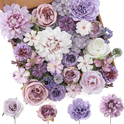 BRINJOY Artificial Purple Flower Set - 18-Piece Silk Floral Arrangement with Dahlias, Roses, and Greenery for DIY Weddings & Home Decor