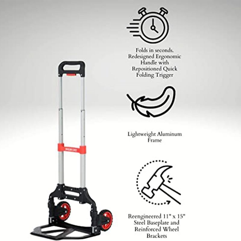 Magna Cart Slim Aluminum Folding Hand Truck Dolly Cart with 150 Pound Capacity, Extendable Ergonomic Handle, & Retractable Rubber Wheels, Black/Red, 2 of 7