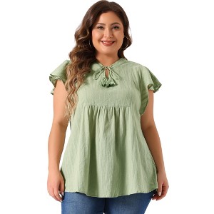 Agnes Orinda Women's Plus Size Cotton Flutter Sleeve Drawstring Flowy Summer Split V Neck Blouse - 1 of 4