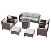 Sonkuki 8 Pieces Patio Sofa with Square Fire Pit Table and Ottomans, Wicker Conversation Couch, Light Gray Cushion - 2 of 4