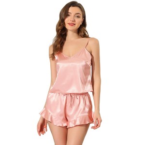 cheibear Women's Satin Spaghetti Cami Tops Ruffle Trim Shorts Sleepwear Sets - 1 of 4