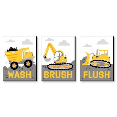 Big Dot of Happiness Dig It - Construction Party Zone - Kids Bathroom Rules Wall Art - 7.5 x 10 inches - Set of 3 Signs - Wash, Brush, Flush