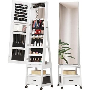 360°Swivel Jewelry Armoire, Lockable Standing Jewelry Organizer with Mirror, Drawers and Wheels, Jewelry Armoire with Collapsible Makeup Stand - 1 of 4