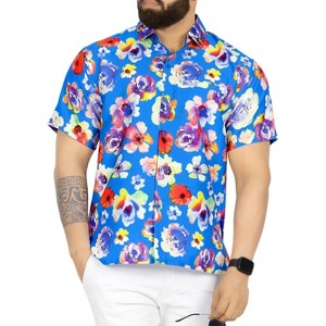 HAPPY BAY Mens Hawaiian Shirts Short Sleeve Button Down Shirt Men's Holiday Shirts Beach Casual Aloha Tropical Shirts for Men Funny L Floral Art, Blue - 1 of 4