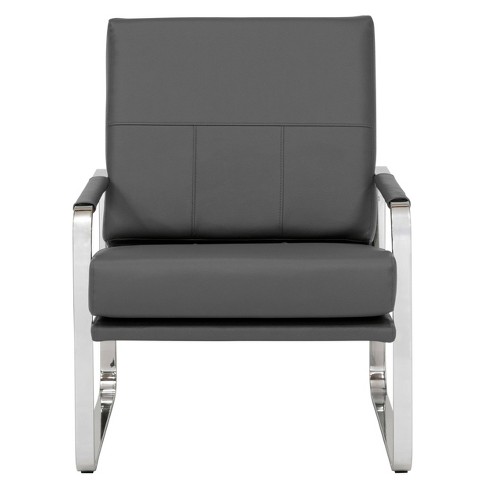 Luxe Dark Grey Real Leather And Dark Wood Leg Armchair