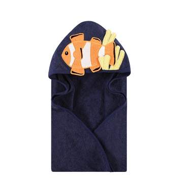 Hudson Baby Infant Boy Cotton Animal Face Hooded Towel, Clownfish, One Size