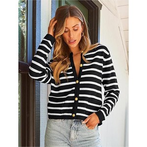 Womens Cardigan Sweaters Front Button Stripes Cardigan At Waist Long Sleeve Casual Sweater Jackets Soft Open Front Cardigan - 1 of 3