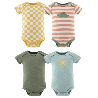 The Peanutshell Short Sleeve Cotton Bodysuits for Baby Boys and Girls, Neutral Check