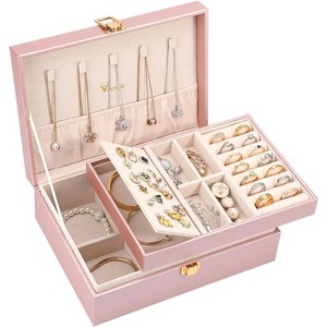 2-Layer Pink PU Leather Jewelry Box, Vintage Organizer with Removable Tray for Necklaces, Earrings, Rings, Bracelets - 1 of 4