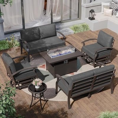 ALAULM Aluminum Patio Furniture Set Modern Metal Outdoor Conversation Sets w/45in Propane Fire Pit Table, Swivel Rocking Chairs w/5.1 Inch Cushion