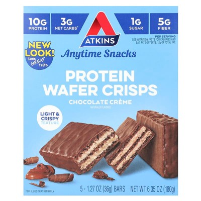 Atkins, Anytime Snacks, Protein Wafer Crisps, Chocolate Creme, 5 Bars, 1.27 oz