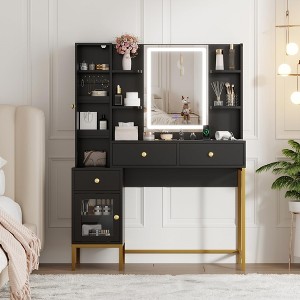 GustoWave Makeup Vanity with Lighted Mirror, Vanity Desk with Lights in 3 Colors, Vanity Table with Charging Station, Visible Cabinet with Led Lights - 1 of 4