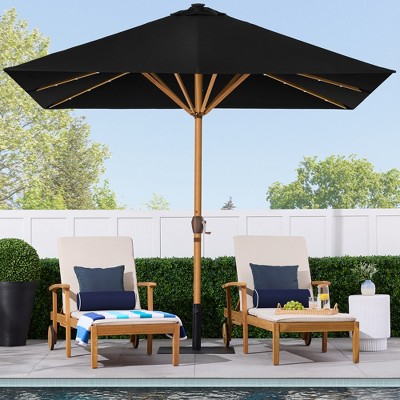 9ft Black Solar LED Lighted Market Patio Umbrella with Faux Wood Texture