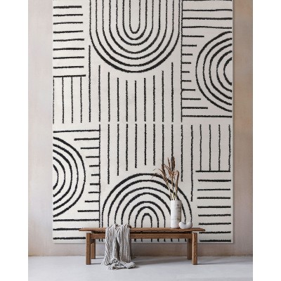 Ivory Black Geometric Shag Synthetic Area Rug 5'3" x 7'