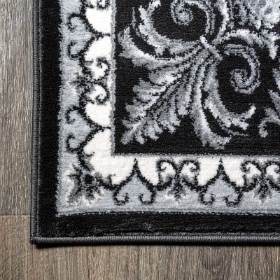 Black and Gray Synthetic Round French Border Area Rug