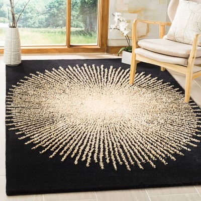 Black and Beige Hand-Tufted Wool and Viscose Square Rug