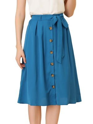 Allegra K Women's Button Front Casual High Waist Belted Midi Flare Skirt