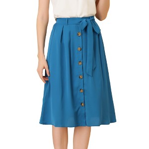 Allegra K Women's Button Front Casual High Waist Belted Midi Flare Skirt - 1 of 4