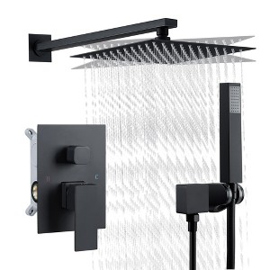 Square Matte Black Rain Shower Head with Handheld Spray - 10 Inch Stainless Steel Shower System with Ceramic Valve Core, 1.5m Hose - 1 of 4