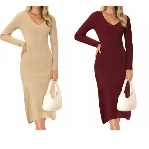 Женские платья INSPIRE CHIC Women's V Neck Long Sleeve Ribbed Knit Midi Sweater Dresses X-Small Burgundy 2 Packs Burgundy/Beige X-Large