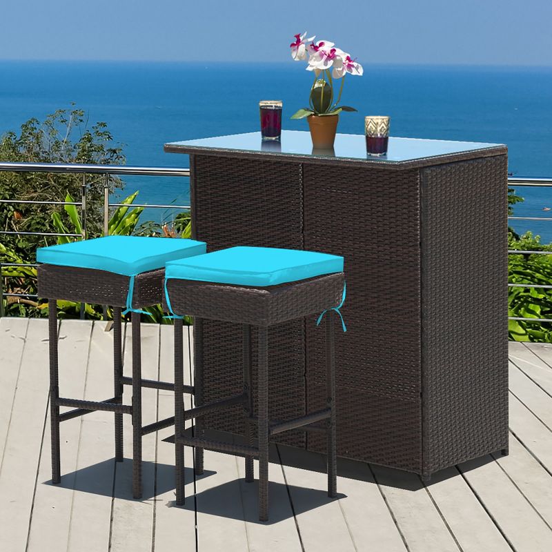 Costway 3PCS Patio Rattan Wicker Bar Table Stools Dining Set Cushioned Chairs Turquoise, 4 of 11