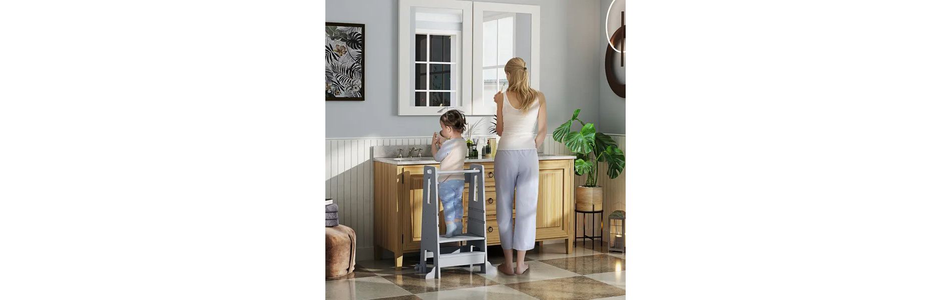 Kids Standing Tower, 2 in 1 Toddler Tower with Safety Rail for Bathroom, Sink, Kitchen or Counter, White