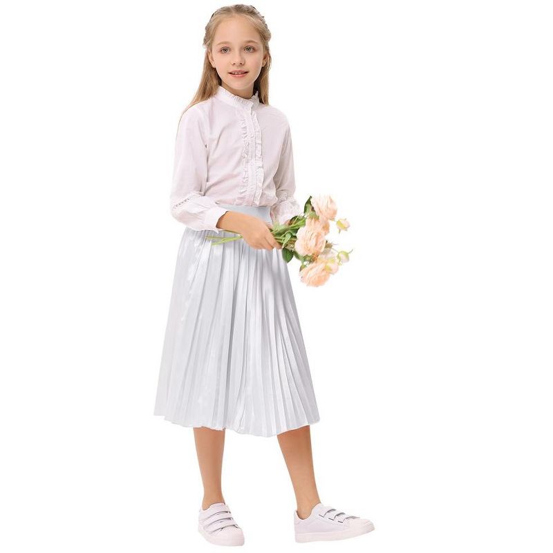 Kids Solid Pleated Skirt Below the Knee Girls Satin Skirts, 4 of 7
