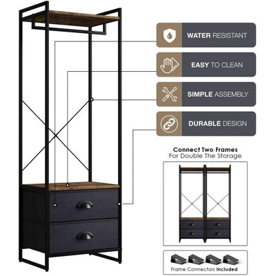 Portable Black Steel and Wood Garment Rack with Drawers
