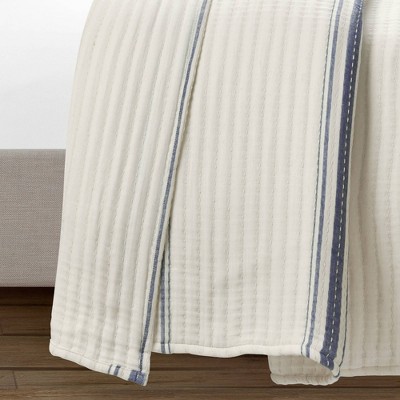 Farmhouse Stripe Kantha Pick Stitch Navy Cotton King Quilt/Coverlet