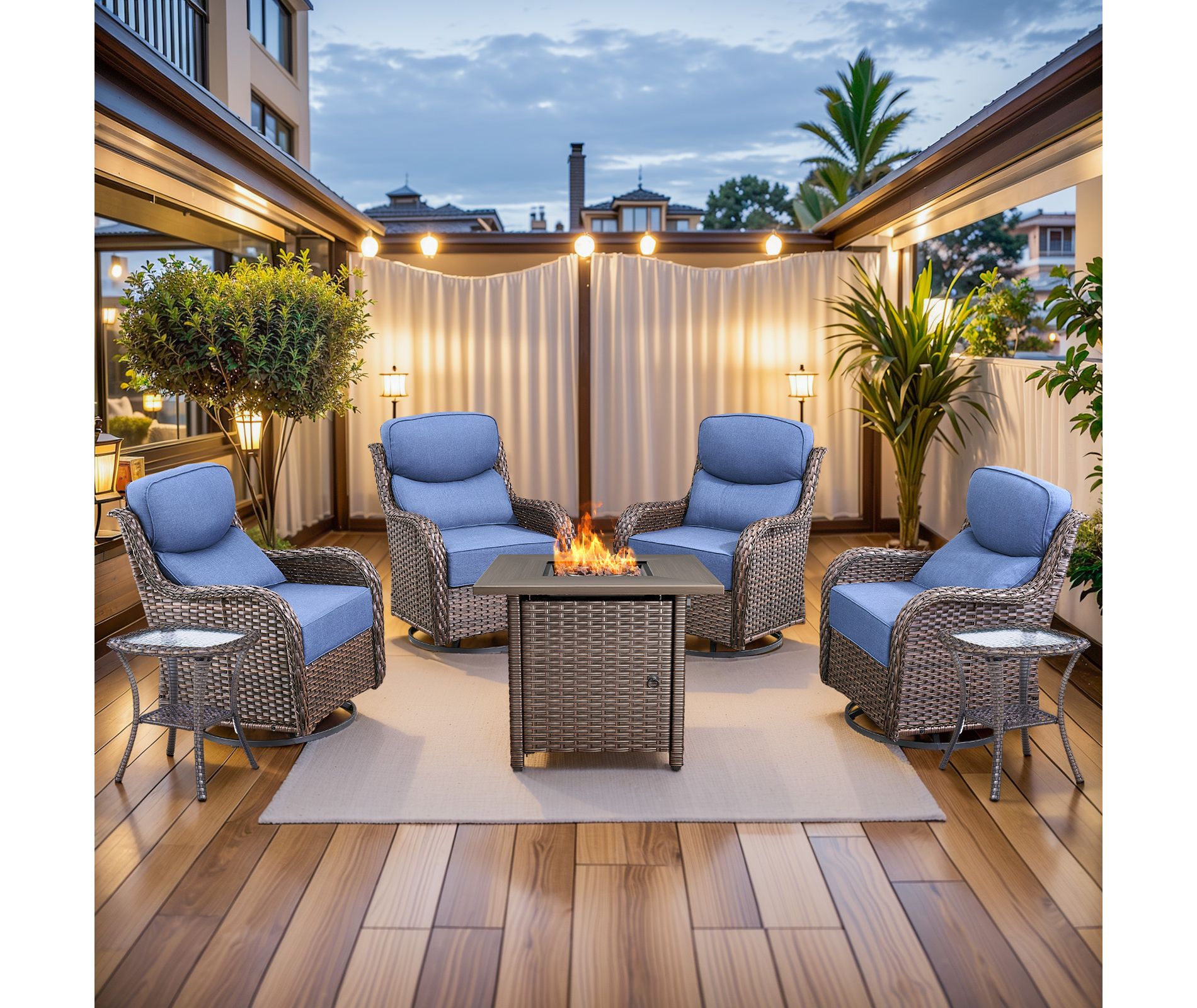 Buenhomino 7Pcs Patio Rocking Swivel Chair with 50,000 BTU Fire Pit Table Outdoor Wicker Rattan Bistro Set with Tempered Glass Side Table