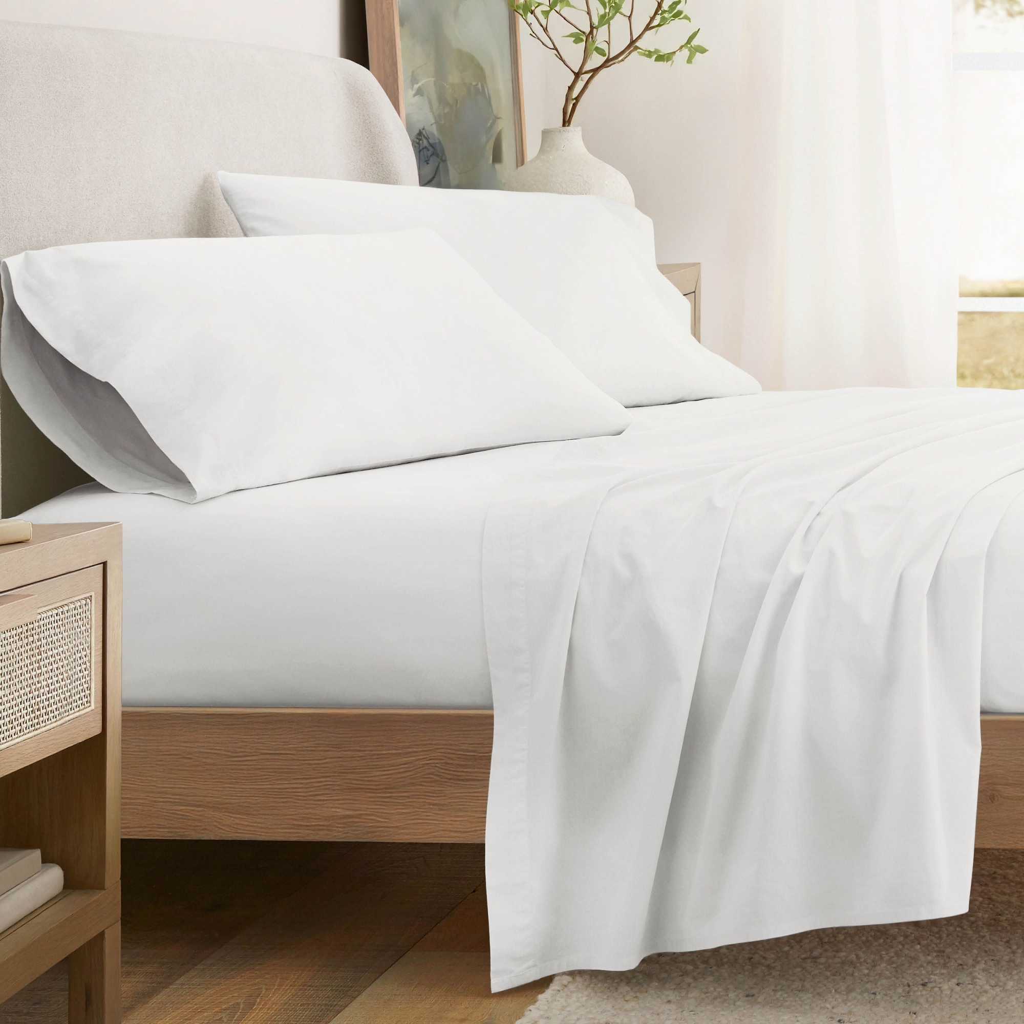 100% Percale Cotton 4PC Sheet Set, Brushed & Pre-Washed Bedding for Softness & Comfort - Becky Cameron, White, King