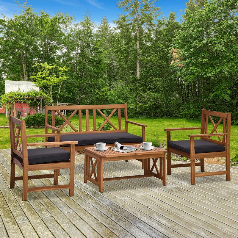 Outsunny 4 Piece Acacia Wood Outdoor Patio Furniture Set with 2 Armchairs, 1 Sofa, & 1 Coffee Table, Cushions Included, 3 of 8