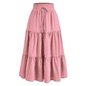 Womens Tiered Skirts A Line Flowy Skirts Elastic Waist Drawstring Wasit Dress Floral Maxi Skirts - 1 of 4