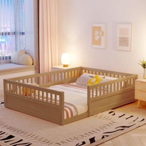 Streamdale Full Floor Bed Frame with Fence, Wood Kids Floor Beds Frame for Bedroom Playroom,Natural - 1 of 4