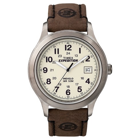 Men's Timex Expedition Field Watch With Leather Strap - Silver/brown  T49870jt : Target