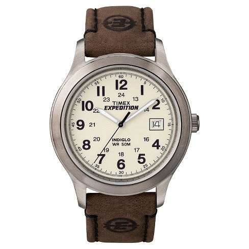 Men s Timex Expedition Field Watch With Leather Strap Silver