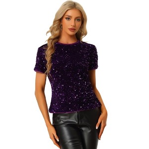 INSPIRE CHIC Women's Sequin Velvet Crew Neck Short Sleeve T-shirt - 1 of 4