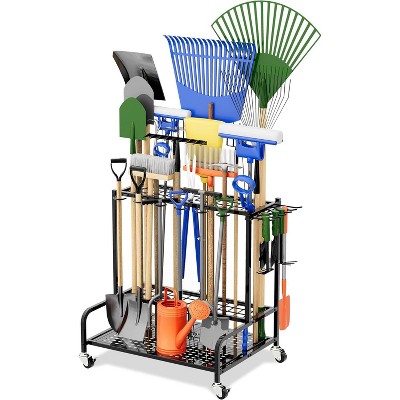 Garden Tool Organizer - Heavy Duty Rolling Garden Tool Rack - Steel Organizer Wheels & Hooks for Garage/Shed/Outdoor