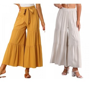 INSPIRE CHIC Women's Boho Elastic High Waist Tie Belt Ruffle Hem Wide Leg Palazzo Pants 2 Packs - 1 of 4