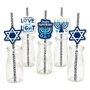 Big Dot of Happiness Hanukkah Menorah - Paper Straw Decor - Chanukah Holiday Party Striped Decorative Straws - Set of 24 - 1 of 4