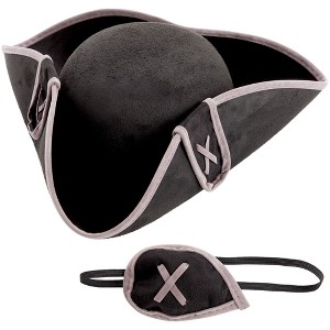 Blue Panda Black Tricorn Pirate Hat with Eye Patch for Adult Cosplay Party Halloween Costume - 1 of 4