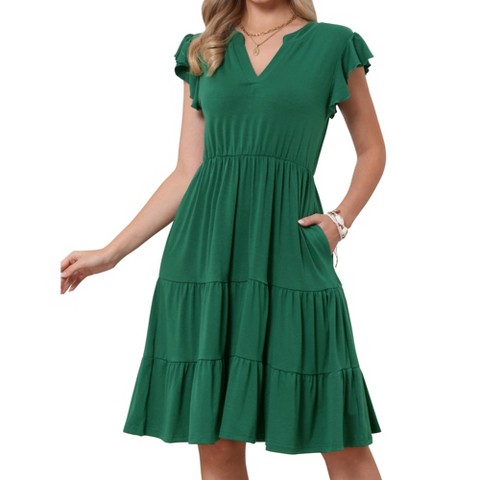 Женские платья INSPIRE CHIC Women's Summer Tiered V Neck Ruffle Cap Sleeve Flowy A-Line Midi Dresses X-Large Dark Green