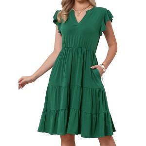 INSPIRE CHIC Women's Summer Tiered V Neck Ruffle Cap Sleeve Flowy A-Line Midi Dresses - 1 of 4