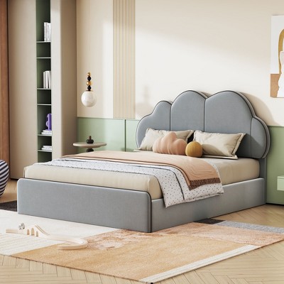 Queen Size Platform Bed Frame with Upholstered Cloud-shaped Headboard and Wooden Slats Support, No Box Spring Needed/Easy Assembly